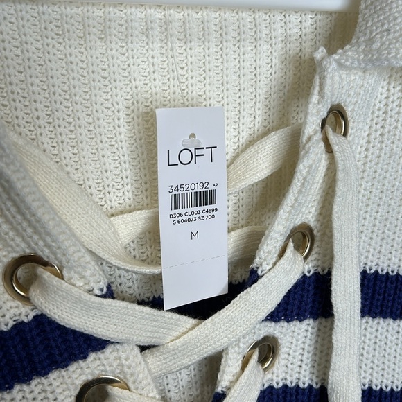 LOFT NWT Striped Lace Up Polo Sweater Women's Medium Blue‎ White Nautical Preppy - Picture 8 of 10